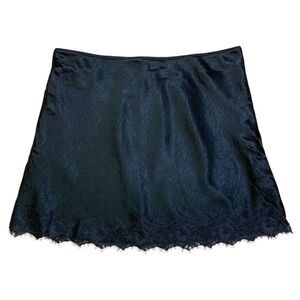 Black - Express Women's Satin Mini Skirt with Scalloped Lace Hem and Eyelash Tri